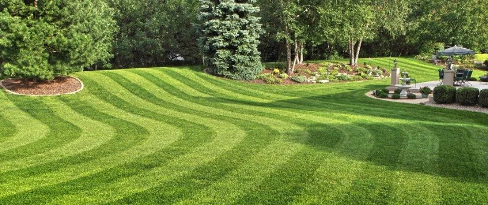 Manicured lawn with striped mowing pattern and landscaped garden in Ann Arbor, MI.