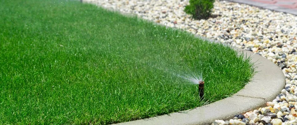 Running sprinkler on a lawn near a landscape border in Ann Arbor, MI.