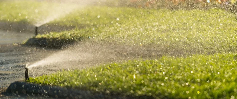 Sprinkler heads watering green grass in Milan, MI.