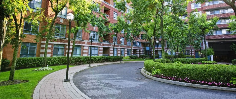 Trees and shrubs on a commercial property in Dexter, MI.