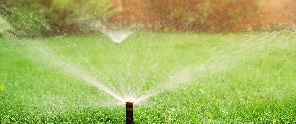 Two lawn sprinklers spraying water in Ann Arbor, MI.