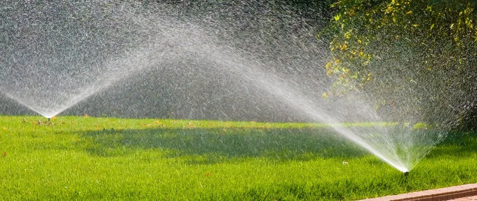 Two sprinkler heads in Ypsilanti, MI, on a lawn.